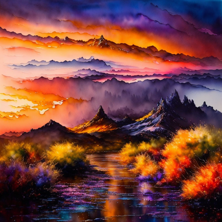 Colorful watercolor sunset landscape with layered mountains and reflective water