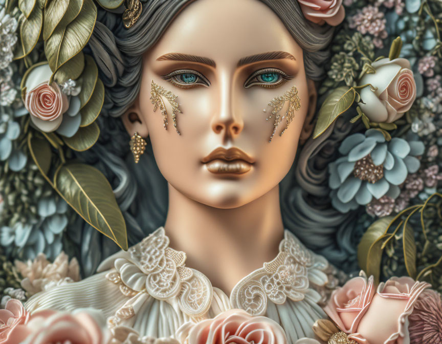 Digital art portrait of woman with gold facial adornments in floral backdrop