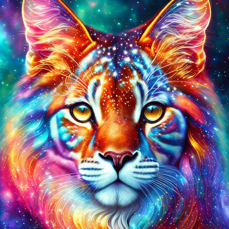 Colorful Tiger Face Illustration with Cosmic Background