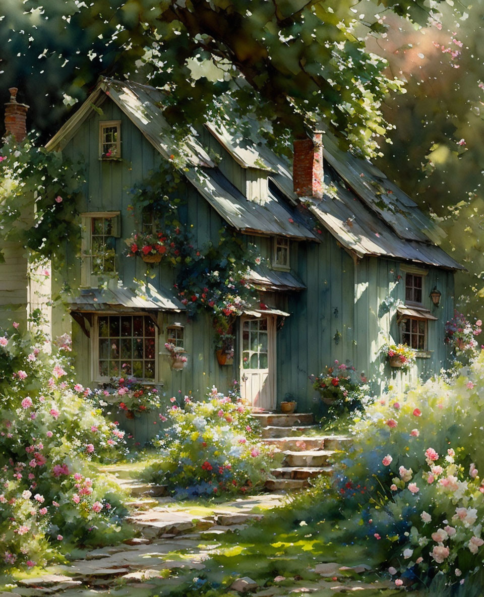 Blue Cottage with Red Brick Chimneys Surrounded by Lush Greenery and Blooming Flowers