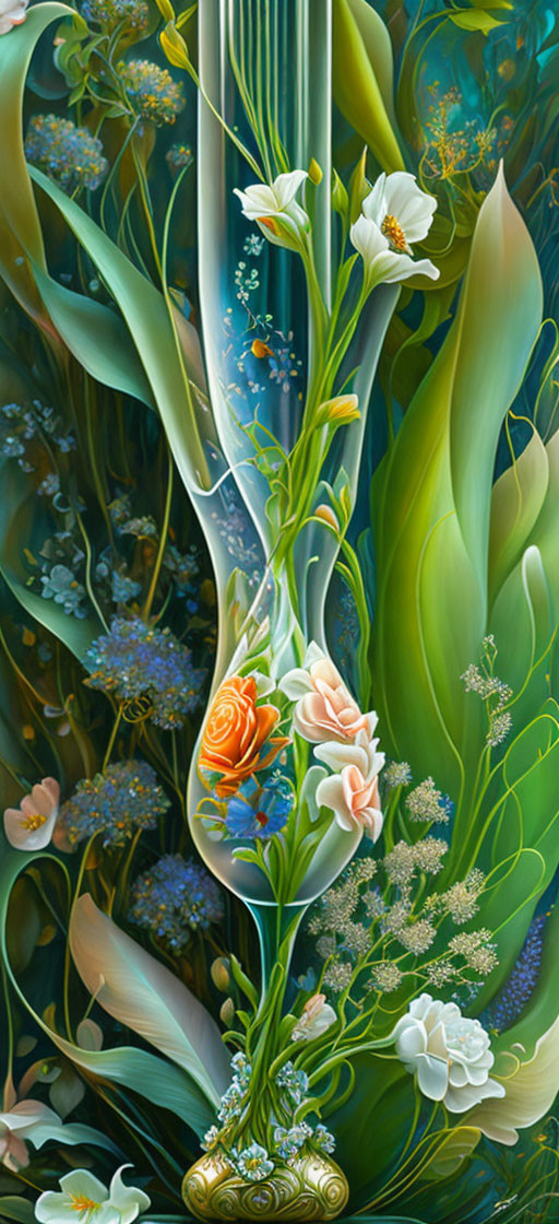 Detailed painting of ornate glass vase with lush bouquet, central orange rose, surrounded by greenery and