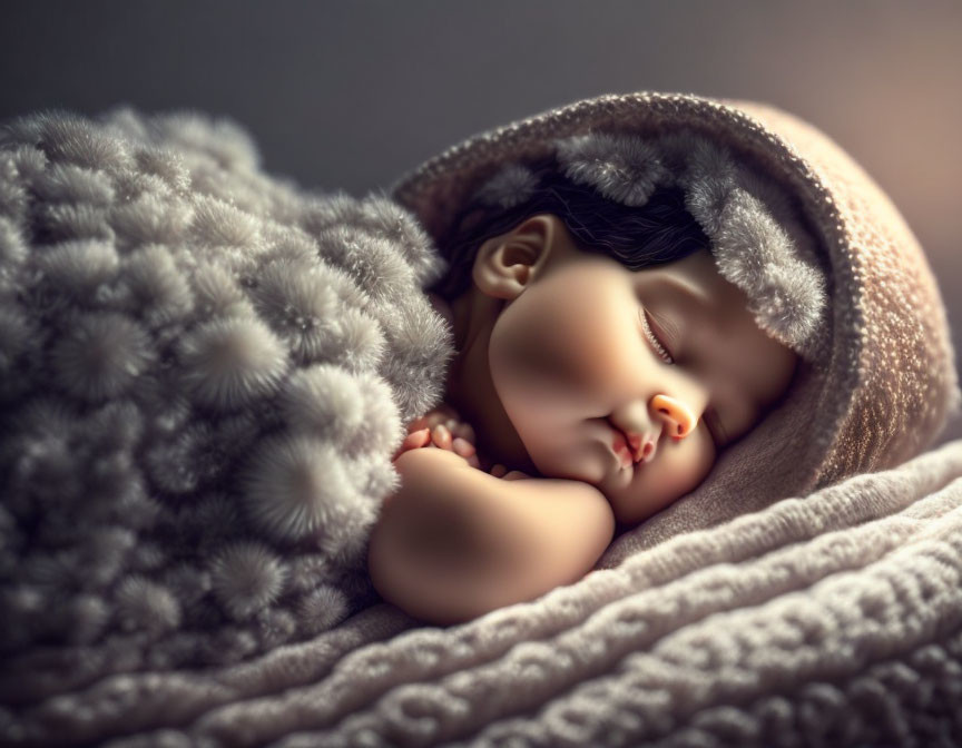 Peaceful Baby Sleeping in Gray Blanket and Knit Hat