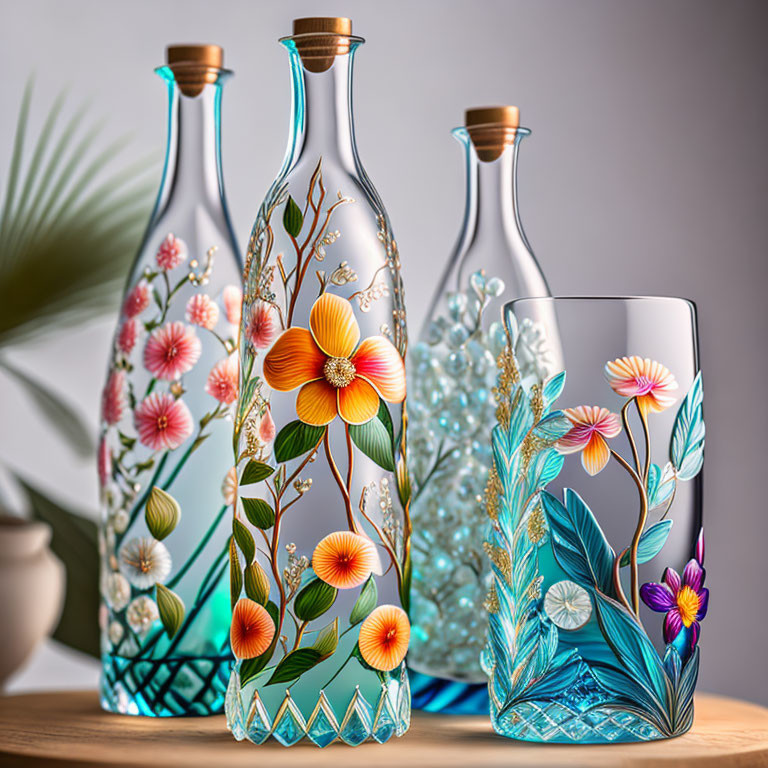 Colorful floral glass bottles and plant on neutral background