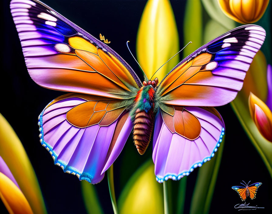 Colorful Butterfly Resting on Yellow Flowers in Dark Background