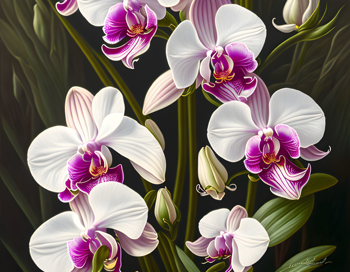 Detailed white and purple orchids on dark background