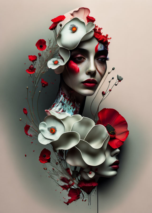 Surreal portrait of woman with white and red flowers and paint splatters