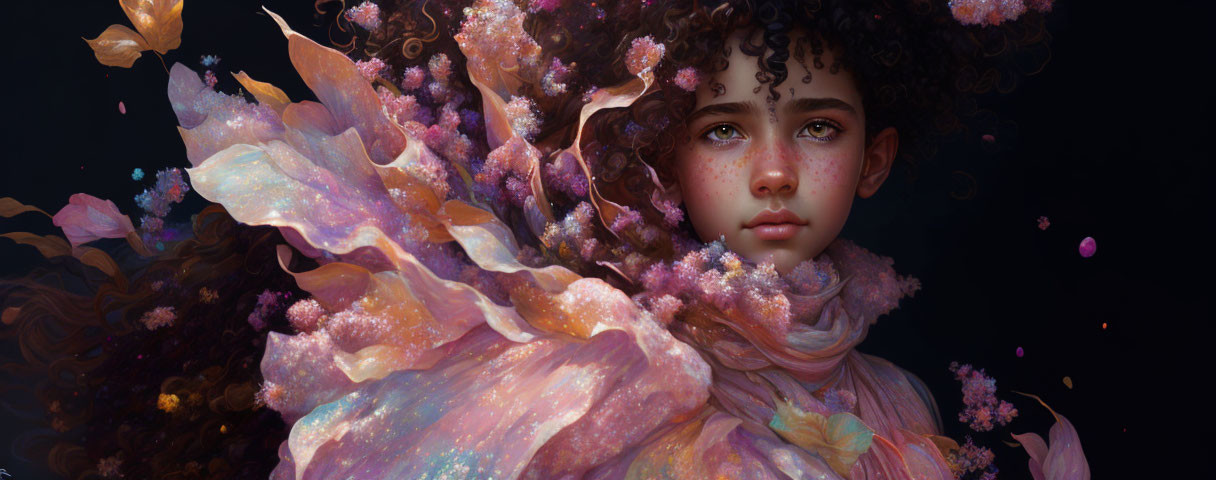 Curly-Haired Person Surrounded by Pastel Colors and Flowers