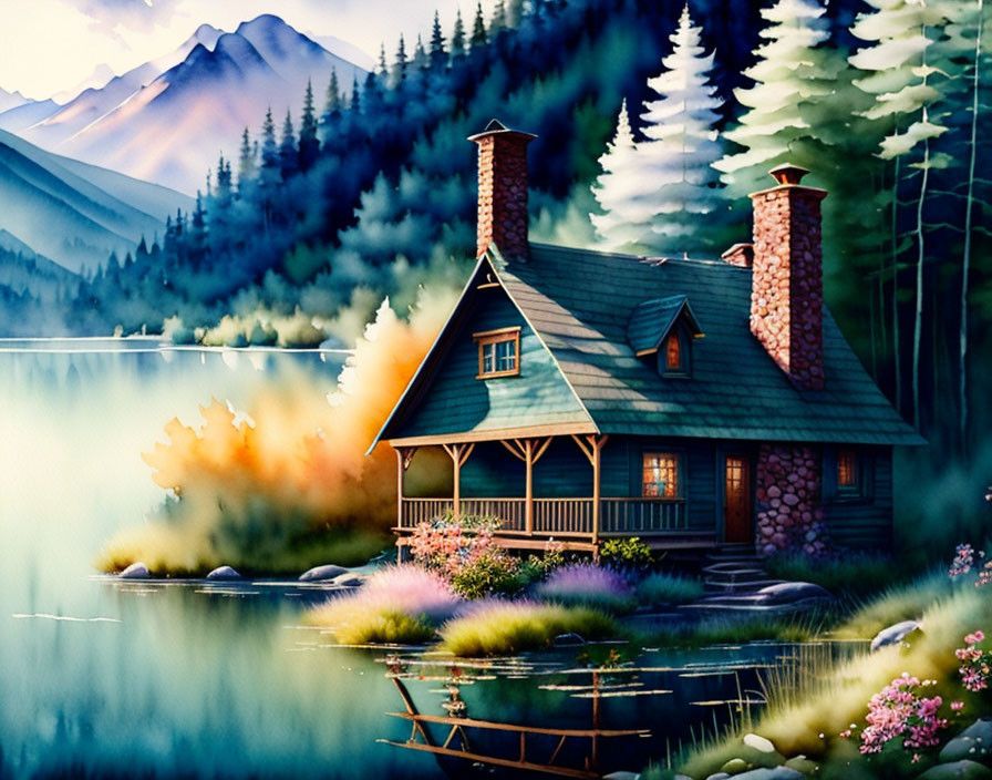 Scenic image of cozy cabin by serene lake