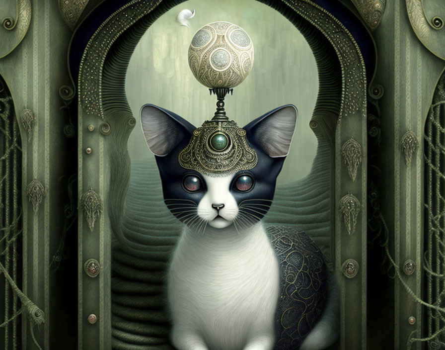 Intricate surreal cat illustration with mechanical orb on head