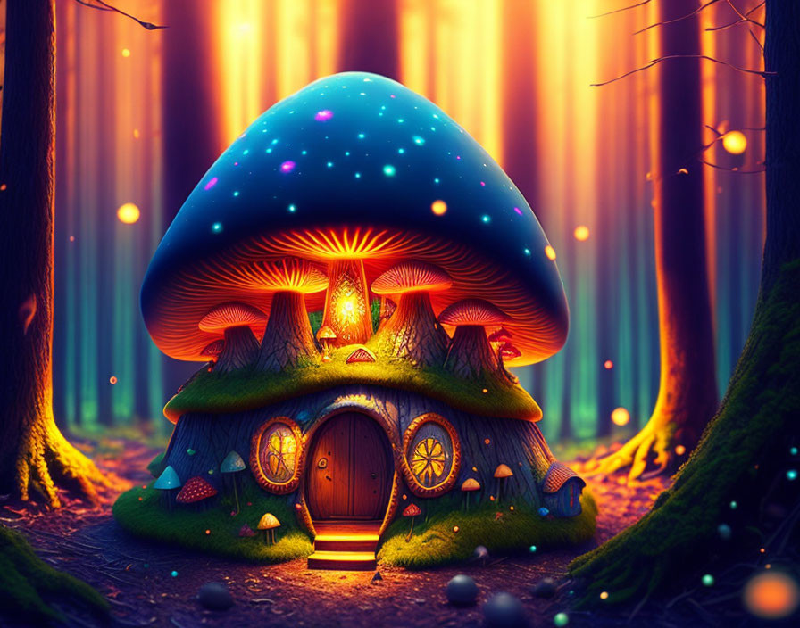 Glowing mushroom house in enchanted forest with blue cap