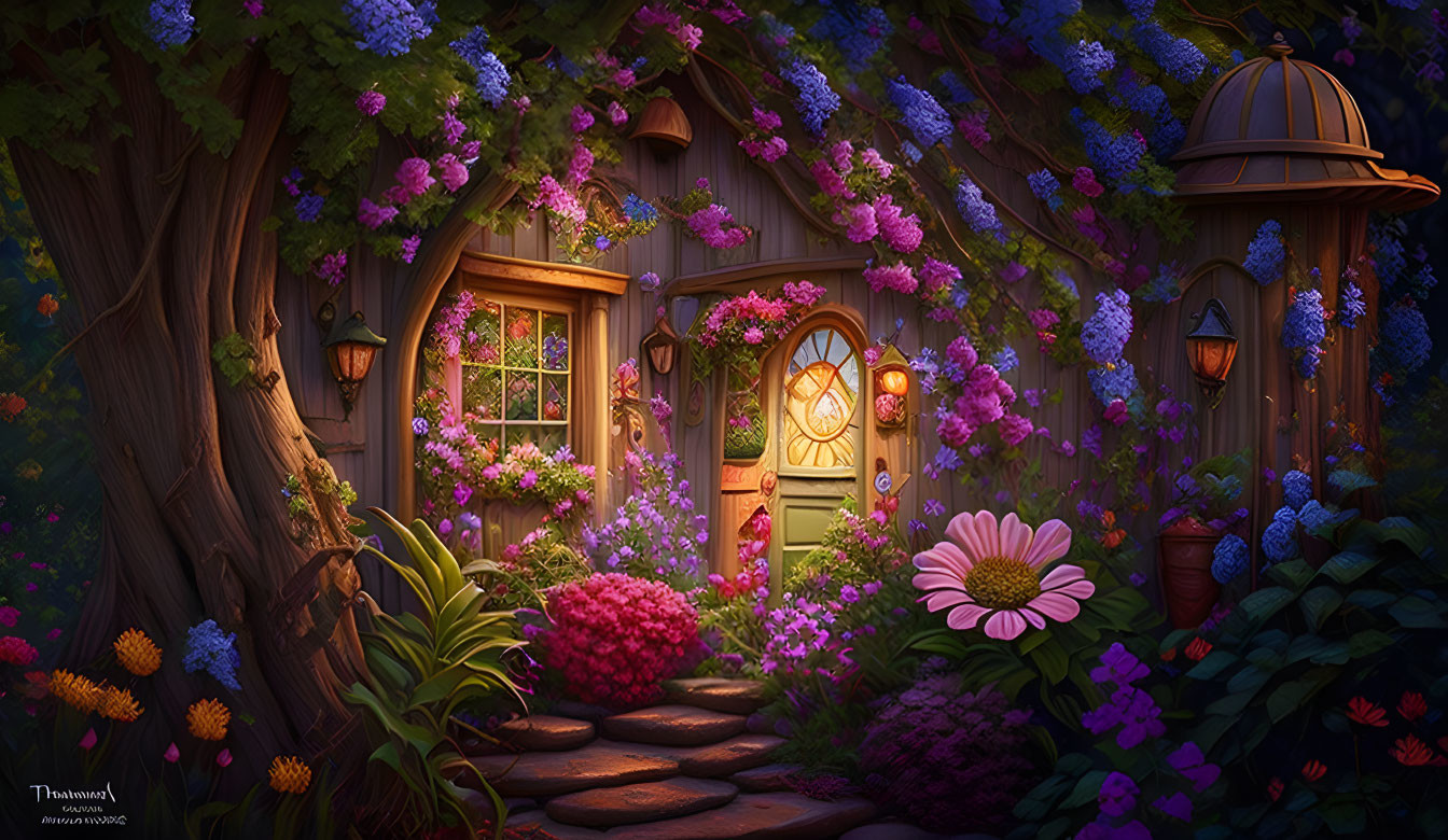 Enchanted tree house with lantern entrance in twilight garden