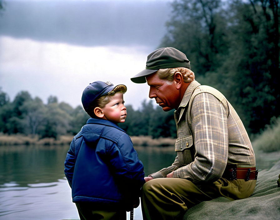 Adult and child have serious conversation by river in nature.