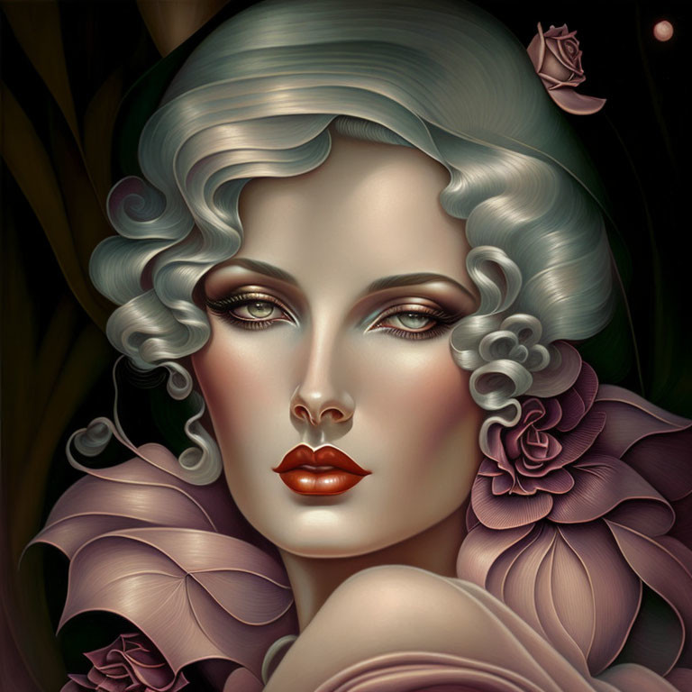 Illustration of woman with wavy hair and full lips among purple flowers