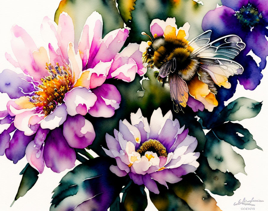 Vibrant pink and purple watercolor flowers with bumblebee detail