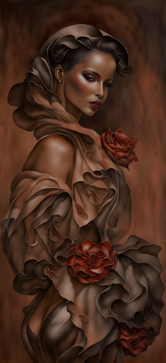 Mysterious figure in rose-themed attire with captivating gaze