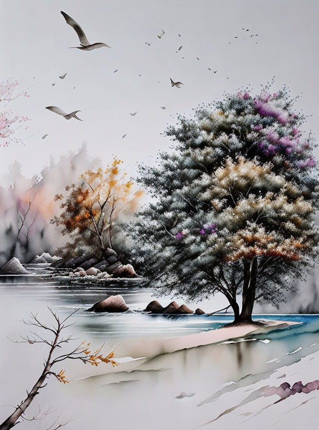 Tranquil landscape: solitary tree, colorful foliage, river, birds, misty forest