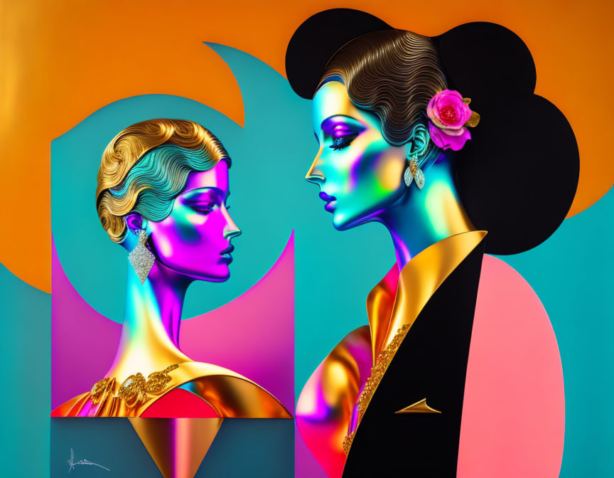 Stylized female portraits with vibrant neon colors and bold contour lines on dual-tone background