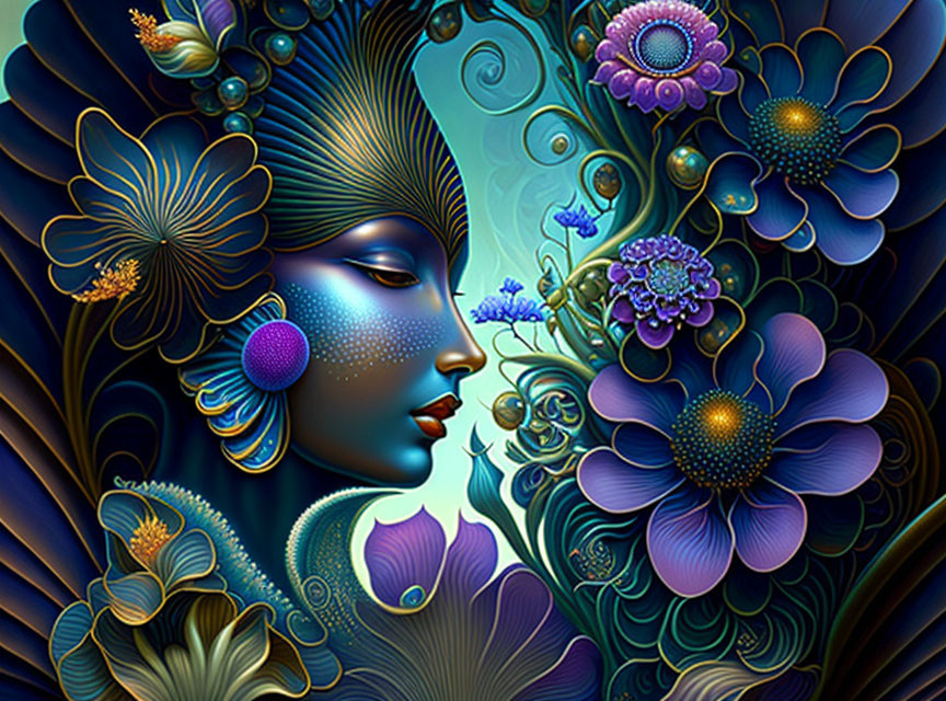 Colorful digital artwork of stylized woman profile with intricate flora & peacock feather motif