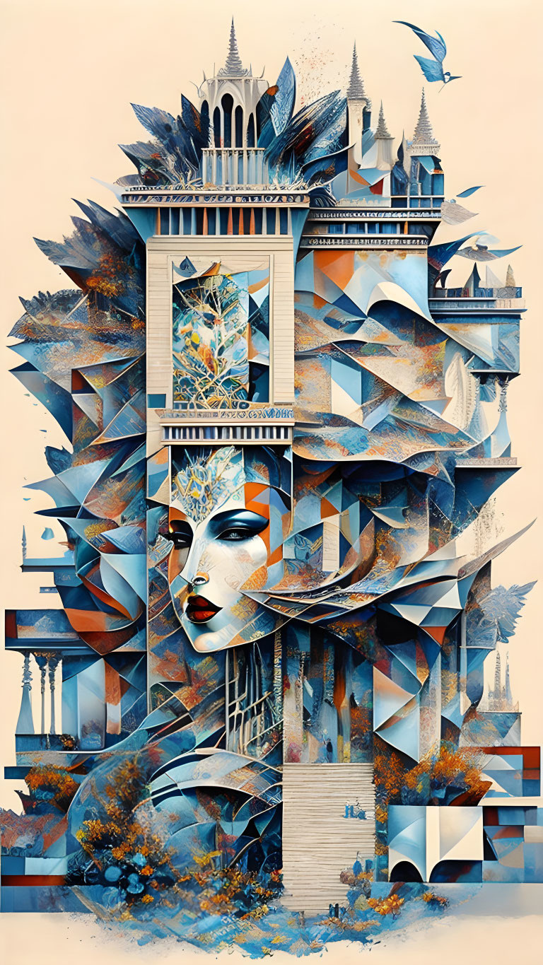 Geometric architectural elements blend with birds and foliage on a woman's face in pastel tones