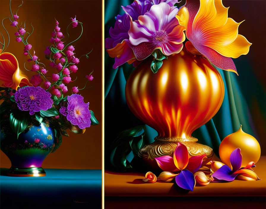 Hyper-realistic painting of ornate vases and flowers on dark background