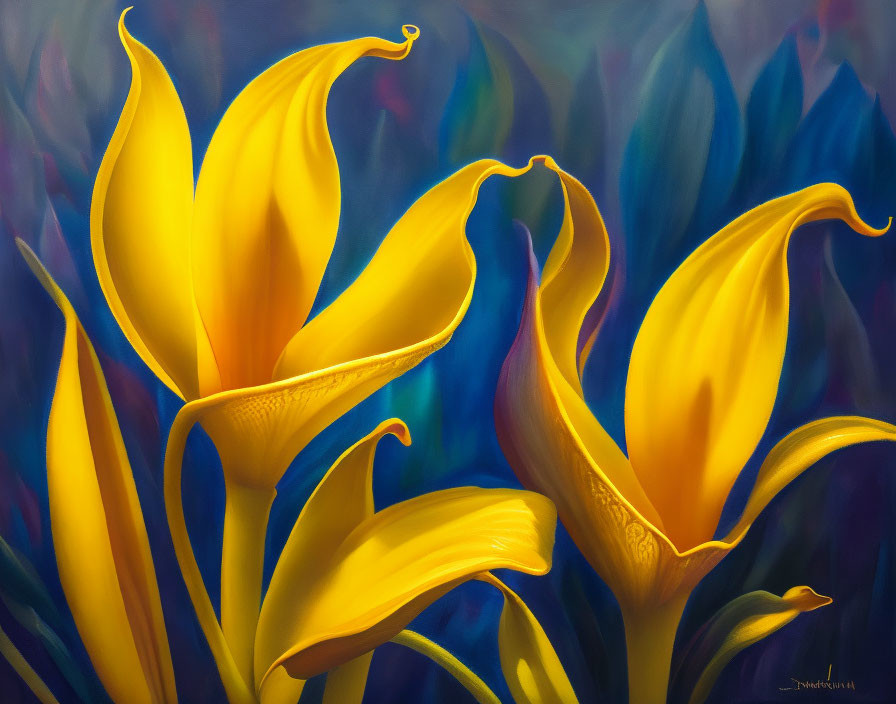 Colorful painting: Yellow calla lilies on swirling blue and green backdrop