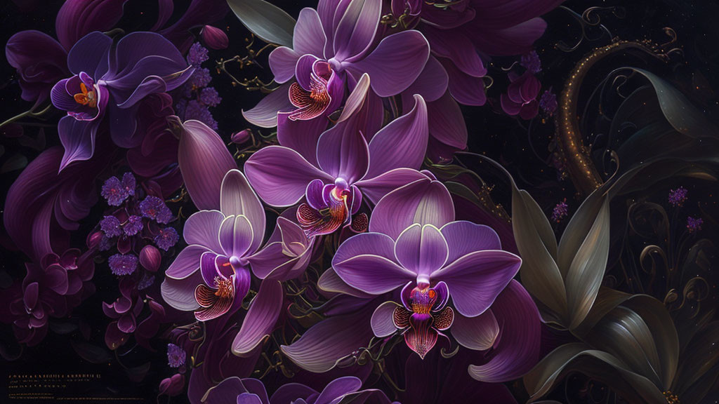 Detailed digital artwork: Vibrant purple orchids on dark whimsical background