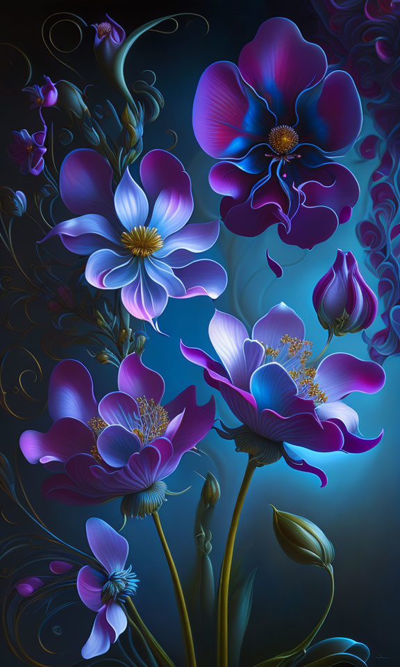 Vibrant blue and purple flowers on dark gradient background