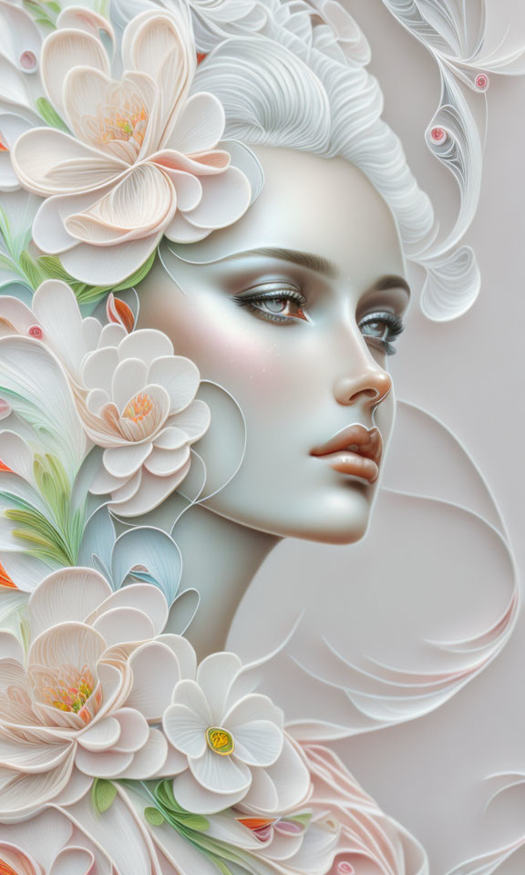 Detailed Illustration of Woman with White Hair and Flowers in Pastel Colors