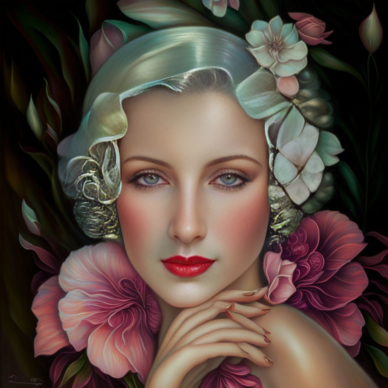 Portrait of a woman with pale skin, red lips, blue eyes, dark leaves, pink flowers -