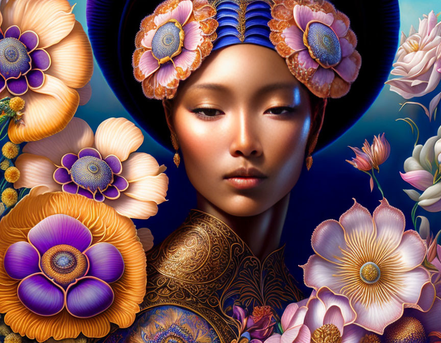 Vibrant digital artwork of a woman with stylized flowers