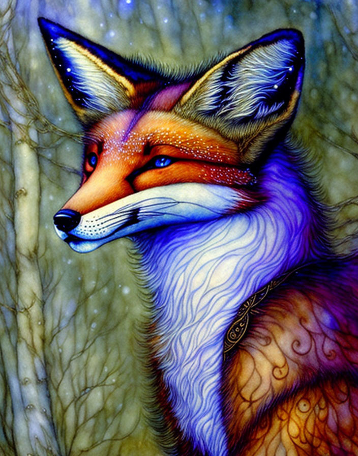 Colorful Fox Illustration with Intricate Patterns on Blue and White Background