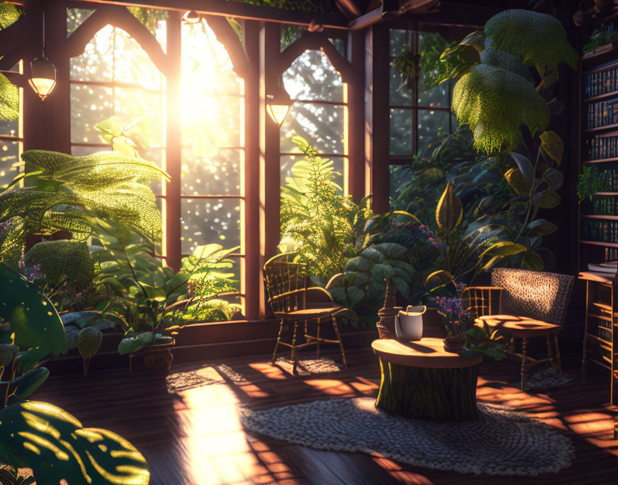 Indoor Garden Space with Plants, Table, Chairs, and Sunlit Windows