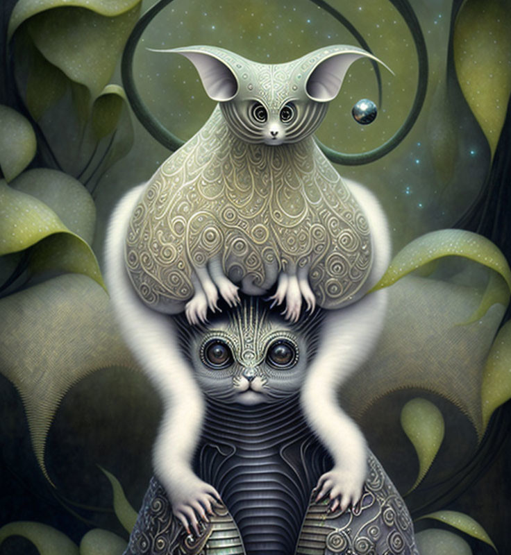 Fantastical creatures with intricate patterns in surreal cosmic scene