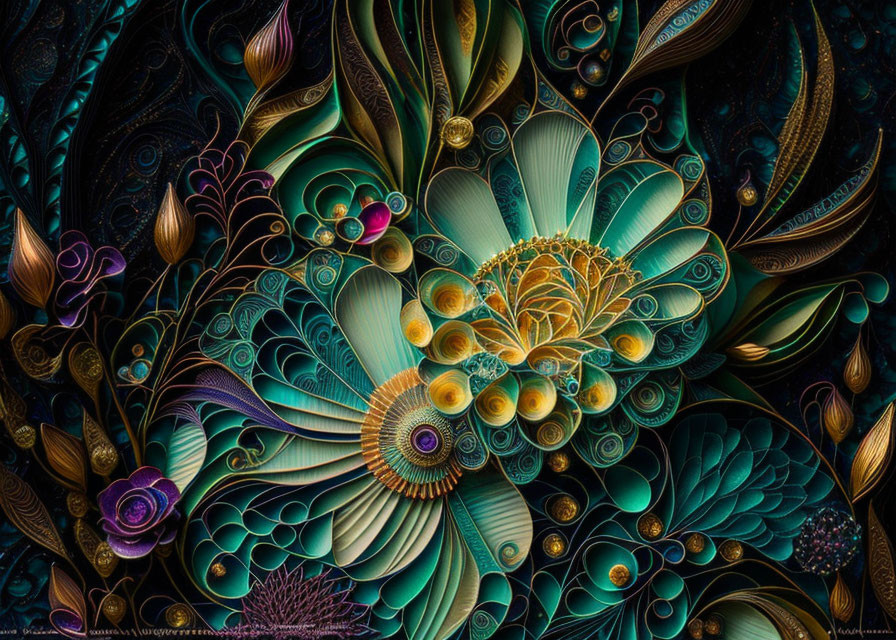 Colorful digital artwork: Intricate floral patterns in teal, green, gold, and purple swirls