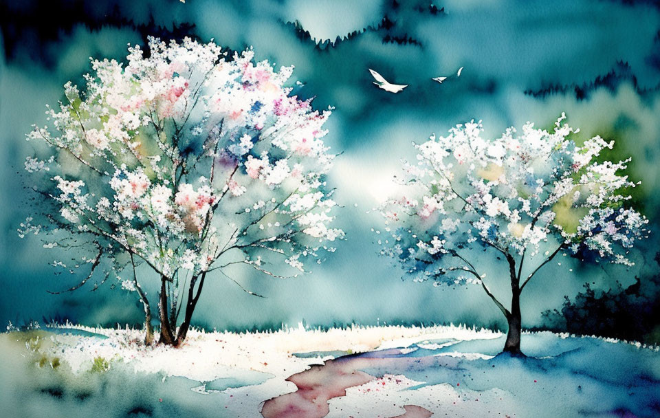 Tranquil snowy landscape with blooming trees and birds