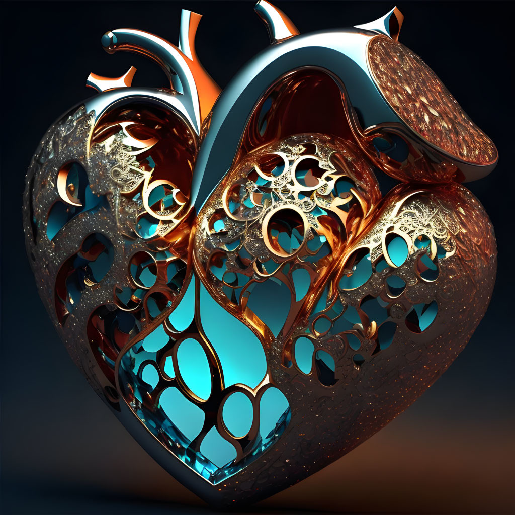 Intricate Metallic Heart with Glowing Orange Interior