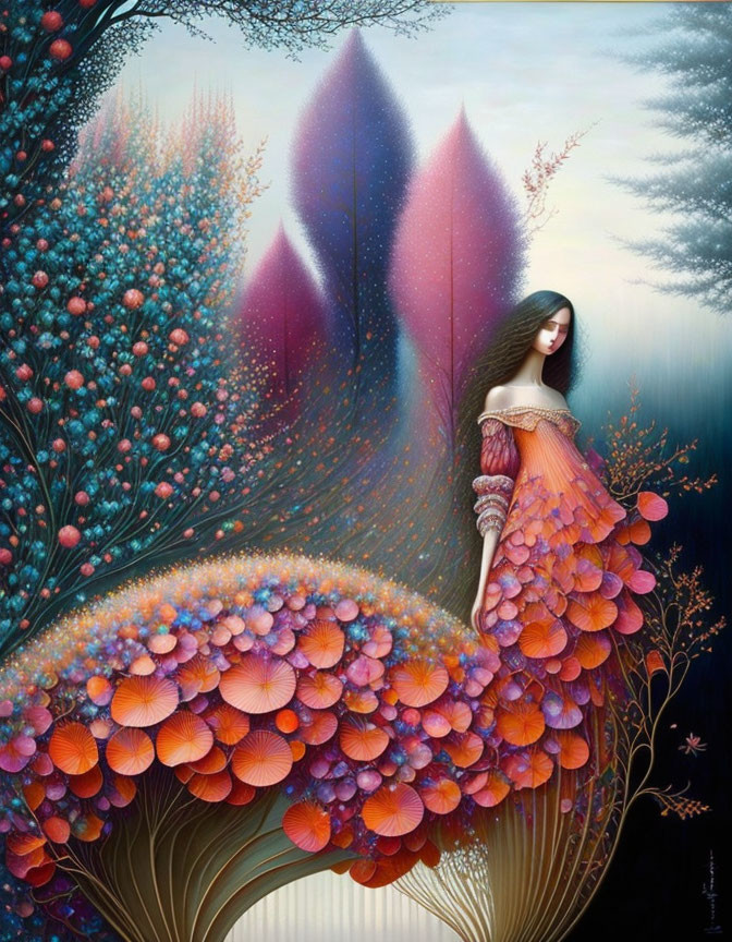 Surreal illustration of woman merging with vibrant flora in orange dress