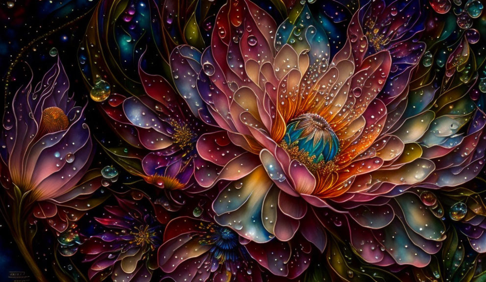 Surreal flowers with water droplets in vivid colors