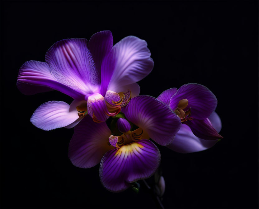 Detailed Purple Orchids on Dark Background: Textured Petals & Color Gradients