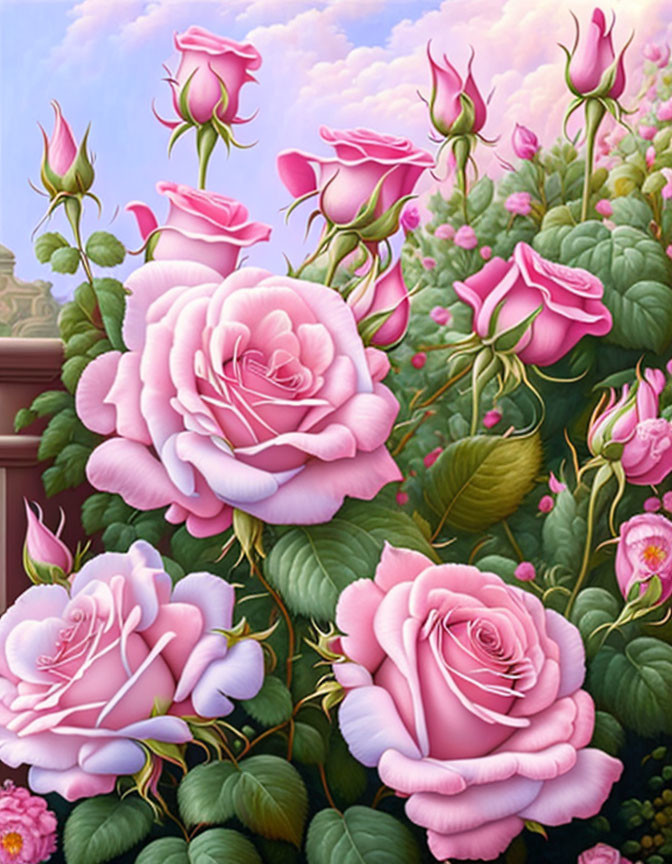 Colorful artwork featuring blooming pink roses and green leaves under a cloudy sky