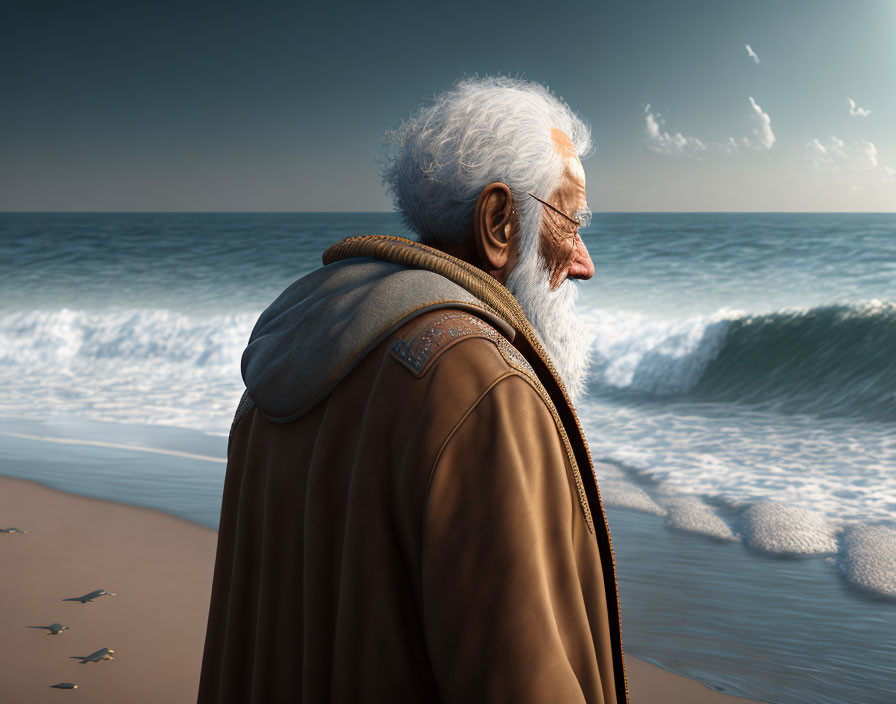 Elderly man with white beard looking at sea with waves and cloudy sky