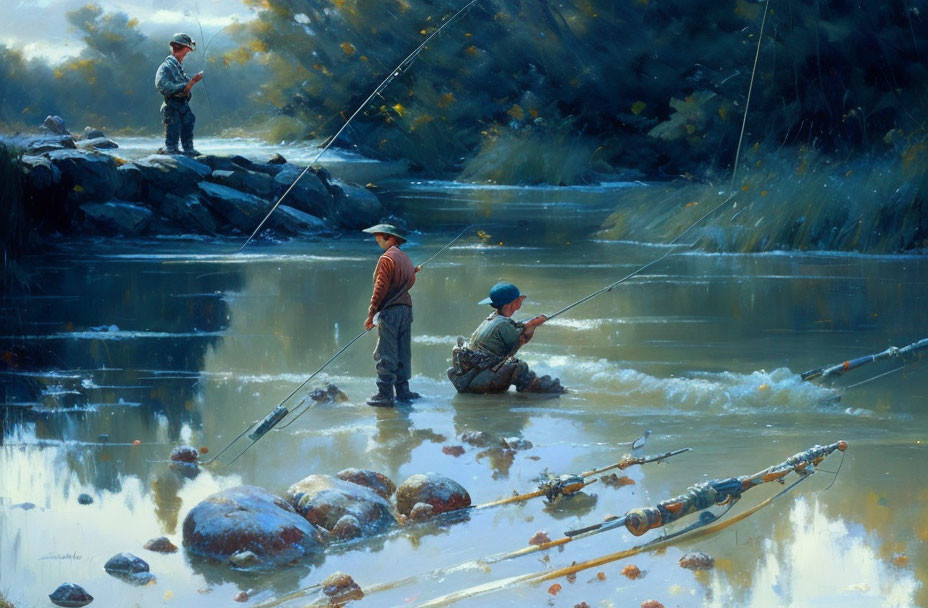 Serene river scene with two people fishing