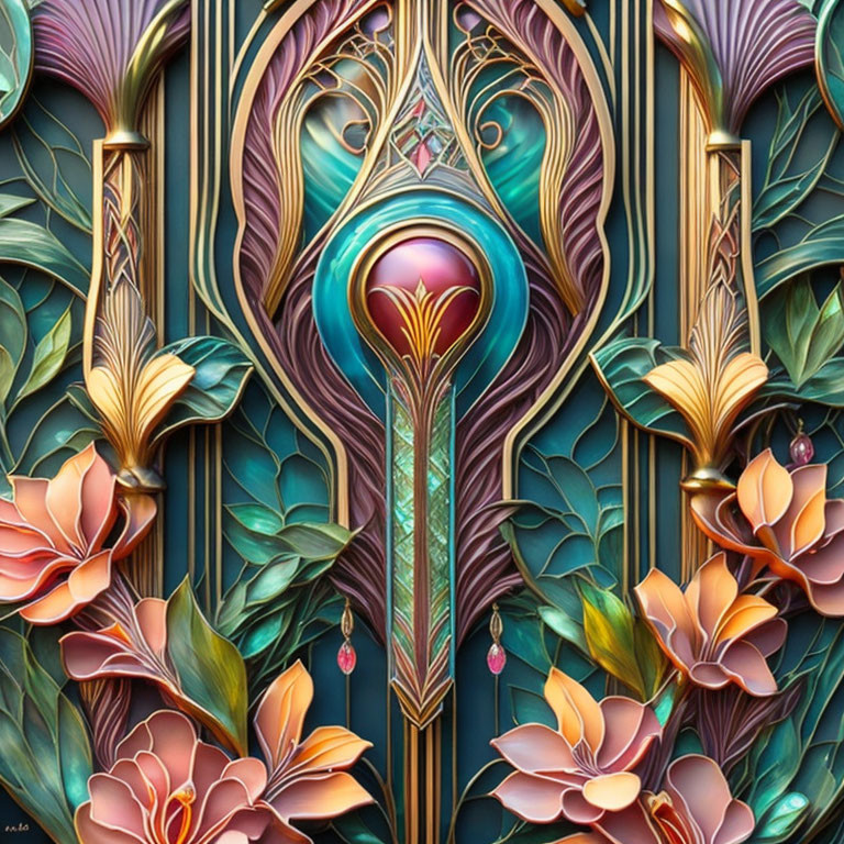 Art Nouveau-Inspired Image with Botanical Motifs and Peacock Feather Design