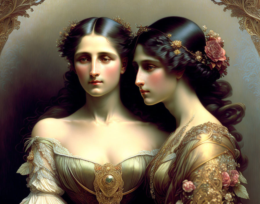 Historical era painting: Two women in ornate attire.