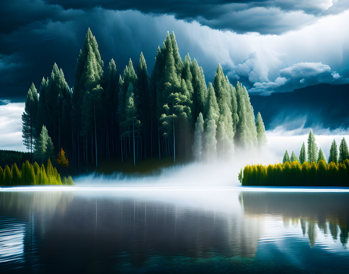 Tranquil lake mirroring dense forest under dramatic sky.