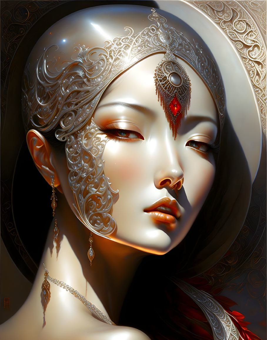 Ethereal woman with ornate head jewelry and elaborate skin patterns