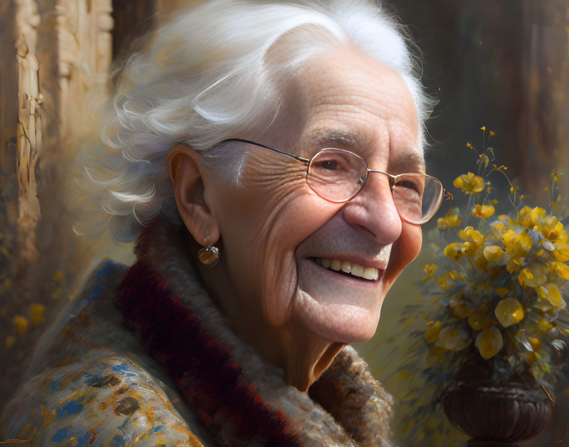 Elderly woman with white hair and glasses smiling near yellow flowers