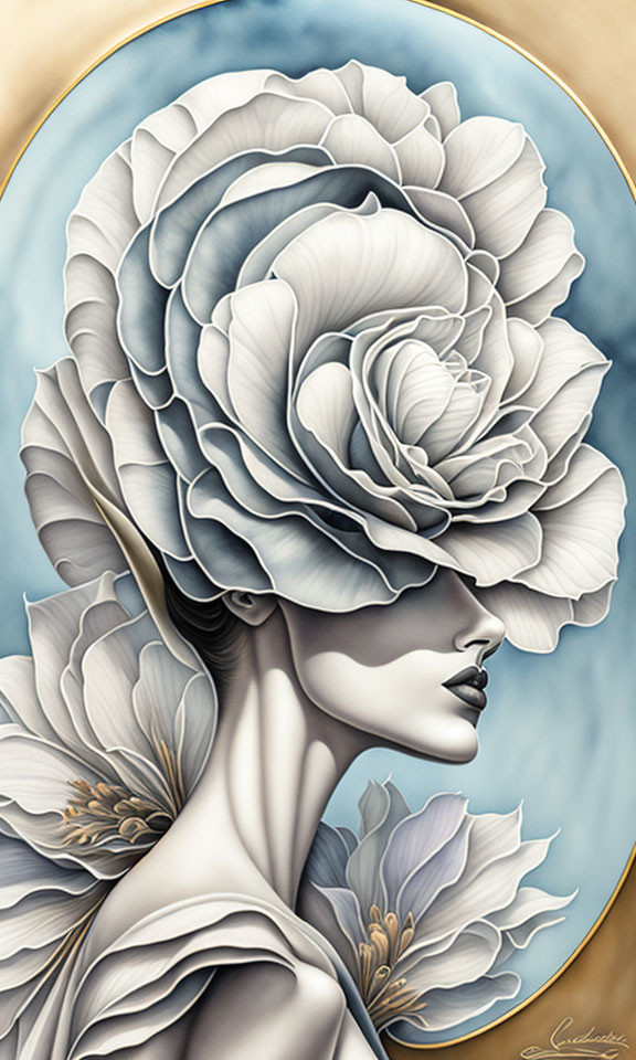 Woman with Rose Head Artwork on Soft Blue Background