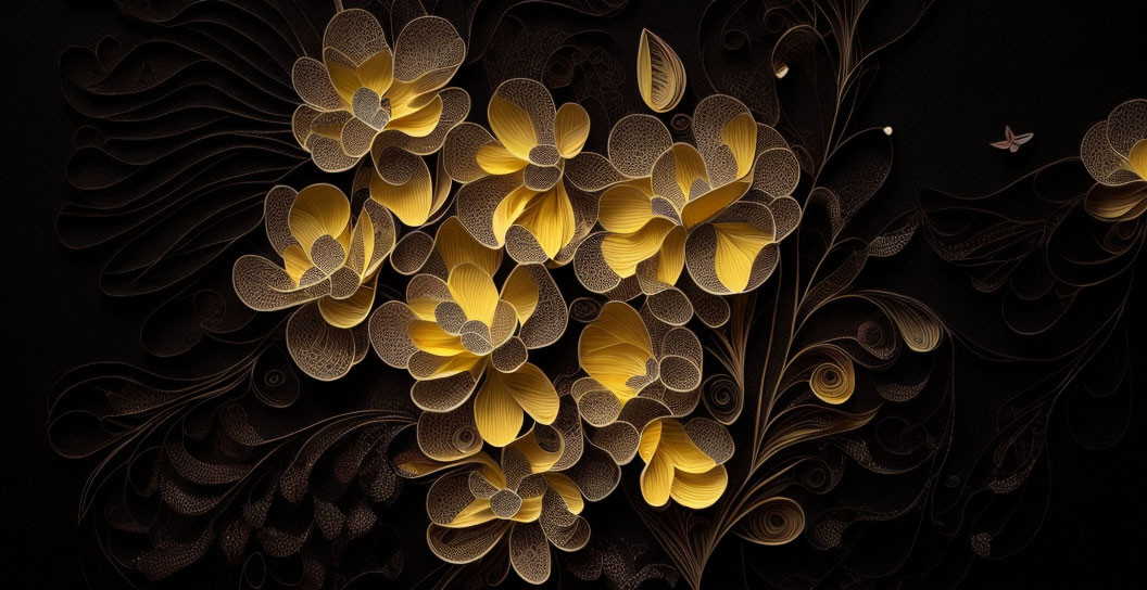 Golden flowers with intricate patterns on black background: Elegant fantasy design