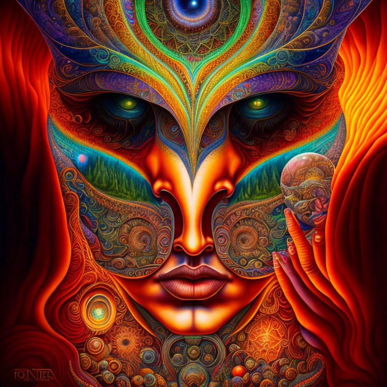 Colorful Psychedelic Face with Green Eyes and Sphere Reflection